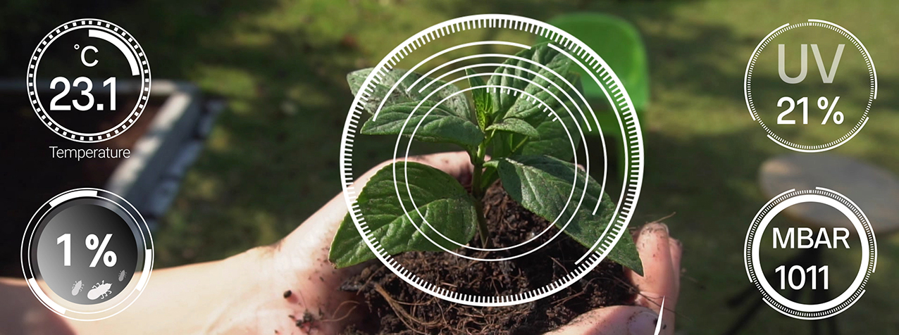 “The App Store” overlaying an image of a hand holding a seedling surrounded by 4 white dials indicating 23.1 degrees C, UV 21%, MBAR 1011 and 1%.