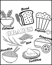 A line drawing of bread, noodles, rice, popcorn, couscous and oatmeal.