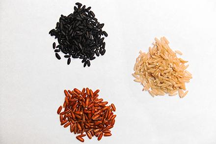 Purple, brown, and red rice