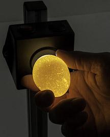 A hand holding an egg being candled