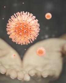 Two hands held out, palms up, with an illustration of germs floating above 