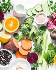 Foods containing vitamins A, B, C, E, K - broccoli, sweet potatoes, orange, avocado, lemon, parsley, celery,  spinach, peppers, olive oil, dairy, beets, cucumber, beans. 