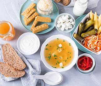 Fermentedfoods Foods containing probiotics including tempeh, kombucha, sauerkraut, pickles, kefir, yogurt, miso soup, soft cheese, sourdough bread
