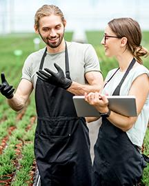Two workers working with digital tablet walking in a greenhouse of growing plants.