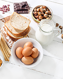 Foods often associated with food allergies including: eggs, dairy, nuts, strawberries and wheat.