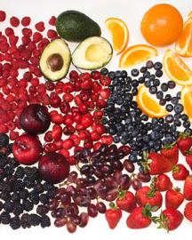 Black plums, blackberries, raspberries, strawberries, sweet cherries, avocado, navel orange, and red grapes. 